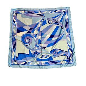 Vintage Blue Atomic Graphic Print Tanner 100% Silk Square Scarf NWOT